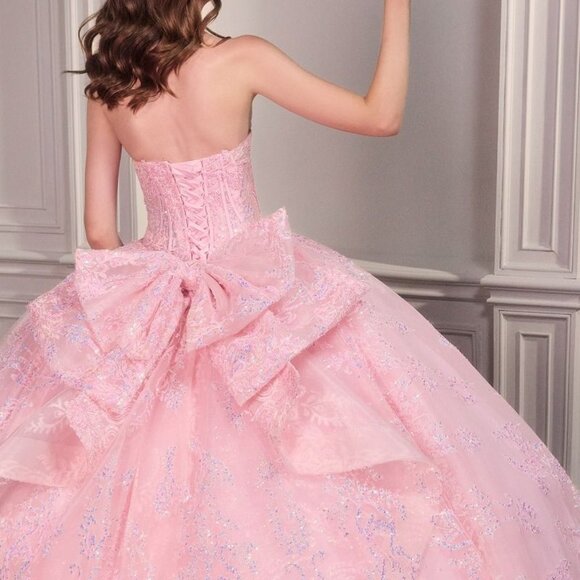 New Pink Strapless Layered Quinceanera Tulle Gown w/ Sequins Embroidery CD 15732 - Picture 7 of 10